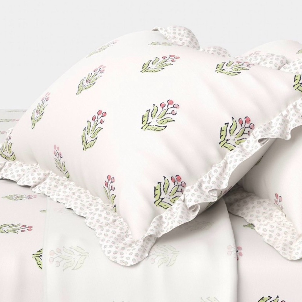 Queen 310 Thread Count Block Print Ruffle Sheet Set Pink/Cream-Studio McGee